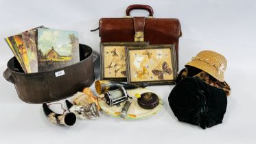A GROUP OF COLLECTABLES TO INCLUDE A PAIR OF BUTTERFLY PICTURES, HORN FLASKS ETC,