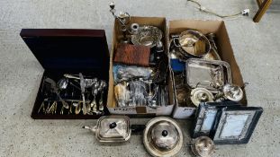 2 X BOXES CONTAINING AN EXTENSIVE GROUP OF PLATED WARE TO INCLUDE TUREENS, BISCUIT BARREL, TEAPOT,