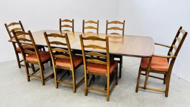 A MODERN ERCOL GOLDEN DAWN EXTENDING DINING TABLE COMPLETE WITH A SET OF 8 ERCOL GOLDEN DAWN DINING