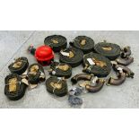 A QUANTITY OF HEAVY BRASS HOSE ELBOWS AND 5 ROLLS OF DELIVERY HOSE ETC.