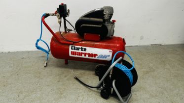 CLARKE WARRIOR AIR COMPRESSOR (60 LITRE) PLUS AIR LINE AND PRESSURE GAUGE - SOLD AS SEEN.