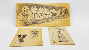 3 LOUIS WAIN PRINTS OF DOGS, THE LARGEST 47 X 20.5CM.