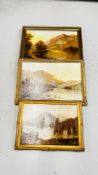 A GROUP OF 3 ORIGINAL GILT FRAMED OIL ON CANVAS DEPICTING VARIOUS SCOTTISH LANDSCAPES TO INCLUDE