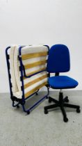 A FOLDING BED AND AN ADJUSTABLE OFFICE CHAIR.