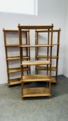A GROUP OF THREE MODERN WAXED PINE FOUR TIER OPEN DISPLAY UNITS.