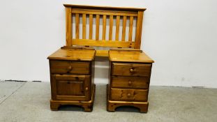 TWO DUCAL HONEY PINE BEDSIDE CHESTS W 47CM D 45CM H 64CM ALONG WITH A SOLID PINE SINGLE HEADBOARD.