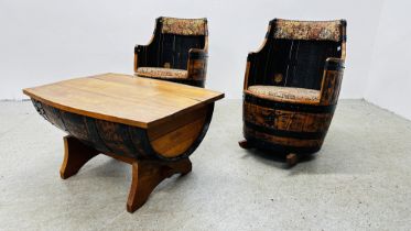 A PAIR OF MODERN CRAFT ROCKING CHAIRS FASHIONED FROM VINTAGE WHISKY BARRELS TOGETHER WITH A SIMILAR