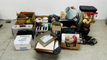 9 X BOXES ASSORTED HOUSEHOLD SUNDRIES TO INCLUDE TABLEWARES, TOASTER, KITCHEN KNIVES, TABLE LAMPS,