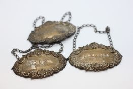 A GROUP OF THREE SILVER SPIRIT DECANTER LABELS GIN, SCOTCH AND SHERRY BIRMINGHAM ASSAY, B & CO.