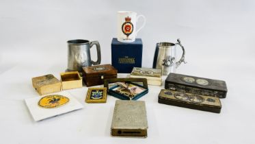 A BOX OF COLLECTIBLES TO INCLUDE PEWTER TANKARDS INCLUDING ROYAL YACHT BRITTANIA,