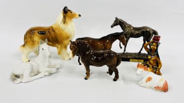 A GROUP OF CABINET ORNAMENTS TO INCLUDE A BESWICK, USSR HORSES AND A COOPERCRAFT DOG ETC.