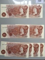 BANKNOTES: GB TEN SHILLINGS FFORDE B27N CONSECUTIVE RUN OF EIGHT.