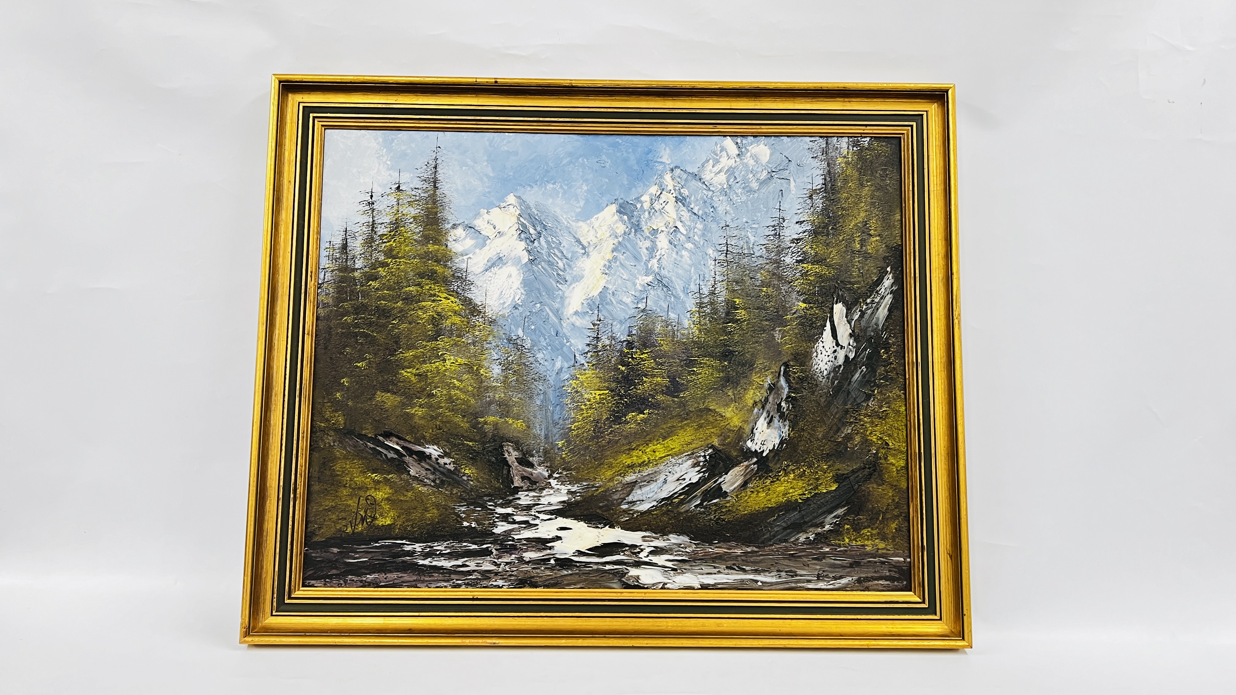 OIL ON CANVAS OF ALPINE RIVER MOUNTAIN SCENE BEARING SIGNATURE TERRY EVANS 70CM X 90CM. - Image 7 of 7