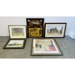 A GROUP OF FIVE VARIOUS PRINTS AND PICTURES TO INCLUDE (R) GOLF ADVERTISING PRINT,