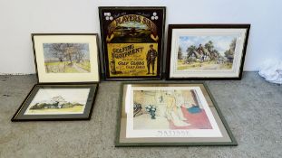 A GROUP OF FIVE VARIOUS PRINTS AND PICTURES TO INCLUDE (R) GOLF ADVERTISING PRINT,