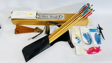 A GROUP OF ARCHERY ARROWS AND FEATHERS, ETC.