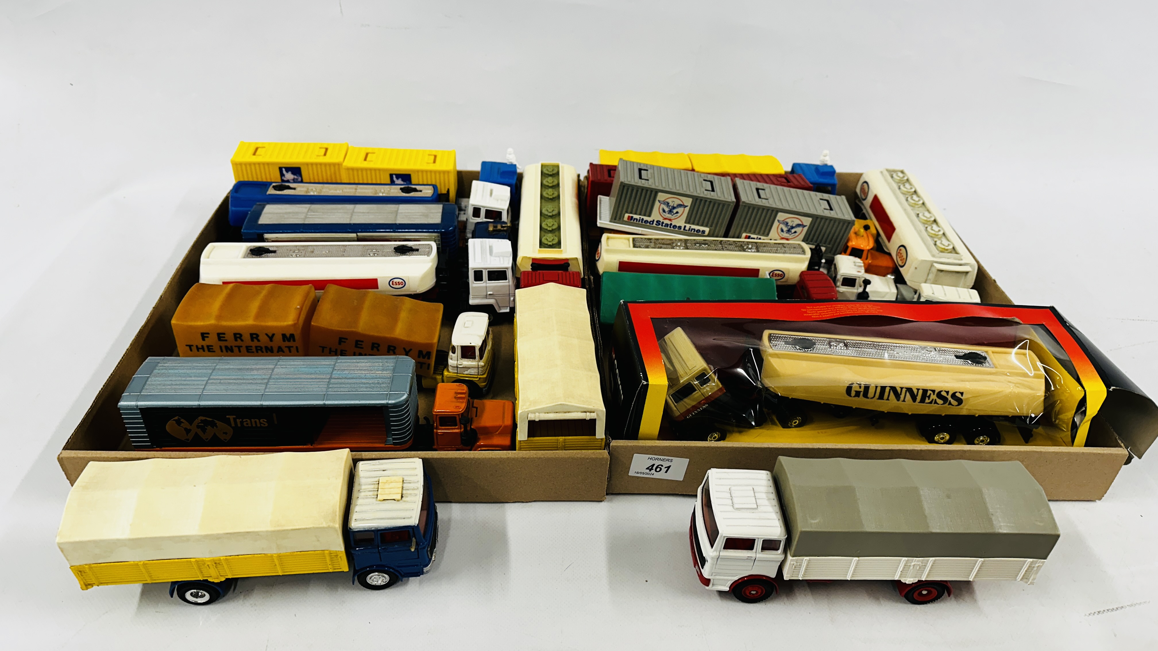 2 X TRAYS CONTAINING A GROUP OF ASSORTED DIE-CAST MODEL TRANSPORTER LORRIES TO INCLUDE ESSO AND