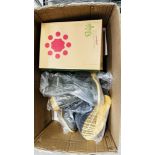 A BOX OF AS NEW FOOTWEAR TO INCLUDE 3 X PAIRS OF DUNLOP WELLY BOOTS, CLARKS AND RELLFE EXAMPLES.