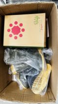 A BOX OF AS NEW FOOTWEAR TO INCLUDE 3 X PAIRS OF DUNLOP WELLY BOOTS, CLARKS AND RELLFE EXAMPLES.