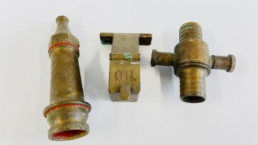 GROUP OF BRASS ATTACHMENTS INCLUDING FIREMAN'S NOZZLE, VALVE & OIL CONTAINER.