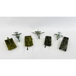 A GROUP OF 4 X DIE-CAST MILITARY DINKY TANKS ALONG WITH 4 X DIE-CAST DINKY FIGHTER PLANES / JETS.