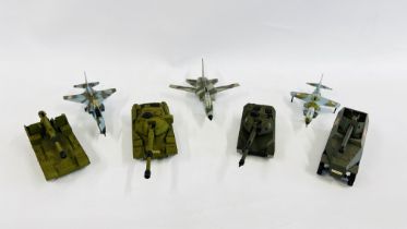 A GROUP OF 4 X DIE-CAST MILITARY DINKY TANKS ALONG WITH 4 X DIE-CAST DINKY FIGHTER PLANES / JETS.