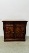 A HARDWOOD 2 DRAWER 2 DOOR DRESSER BASE WITH BRASS FITTINGS,