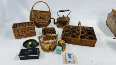 A COLLECTION OF VINTAGE WICKER BASKETS, VINTAGE PACKAGING INCLUDING MILK TOPS,