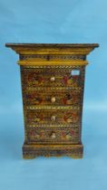 A SMALL HARD WOOD 4 DRAWER CHEST WITH HAND PAINTED INDIAN STYLE DECORATION - H 63 X D 28 X W 40CM.