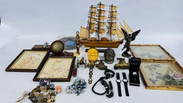 A BOX OF COLLECTABLES TO INCLUDE COINAGE AND BANKNOTES, COSTUME JEWELLERY, BRASS TAP, PRESS,