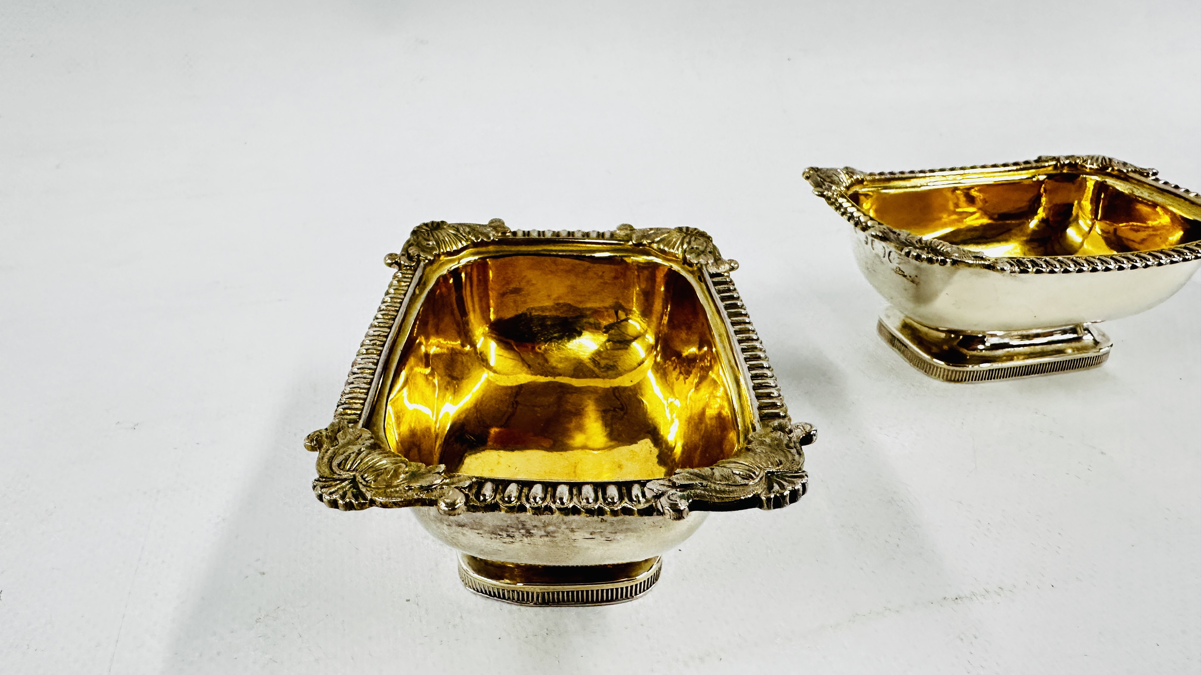 A PAIR OF GEORGE III SILVER SALTS LONDON ASSAY 1818, MAKER J. BIGGS L 9.8CM X W 7.3 X H 3CM. - Image 6 of 16