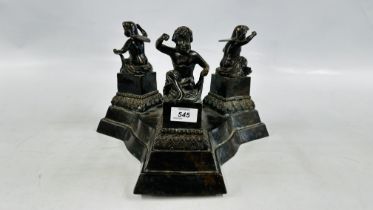 AN ANTIQUE BRONZE CENTRE PIECE, THE 3 SUPPORTS HAVING SEATED CHERUBS H 23CM X W 34CM.