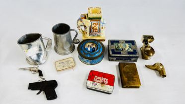 A BOX OF COLLECTIBLES TO INCLUDE A PEWTER TANKARD, COMMEMORATIVE TINS,