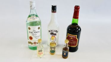 75CL HARVEYS MEDIUM DRY SHERRY, 70CL MALIBU, LITRE OF BACARDI AND 3 MINIATURES.