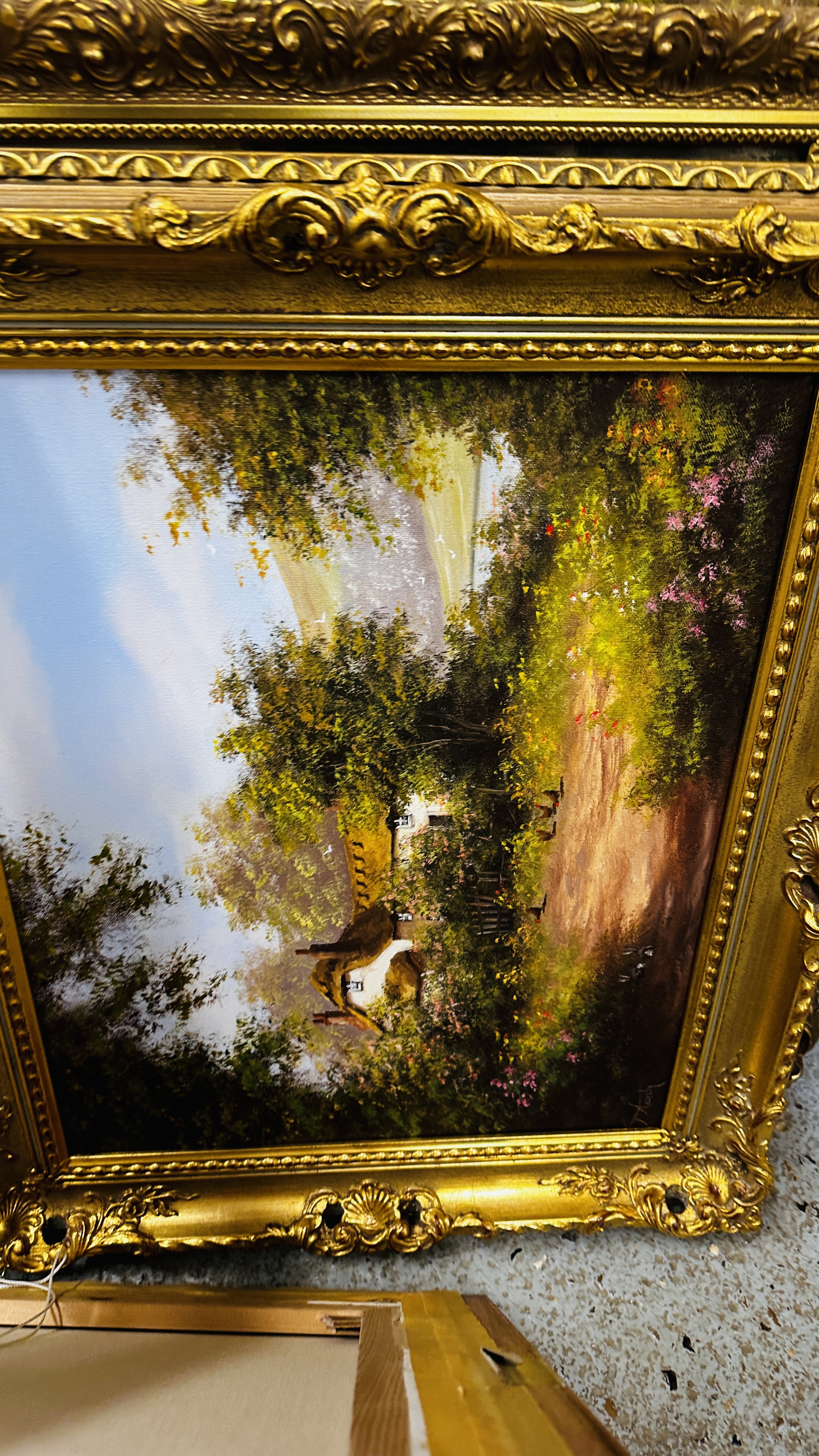 SIX LARGE GILT FRAMED OIL ON CANVAS SCENES TO INCLUDE HEAVY HORSES AT WORK BEARING SIGNATURE D. - Image 4 of 15