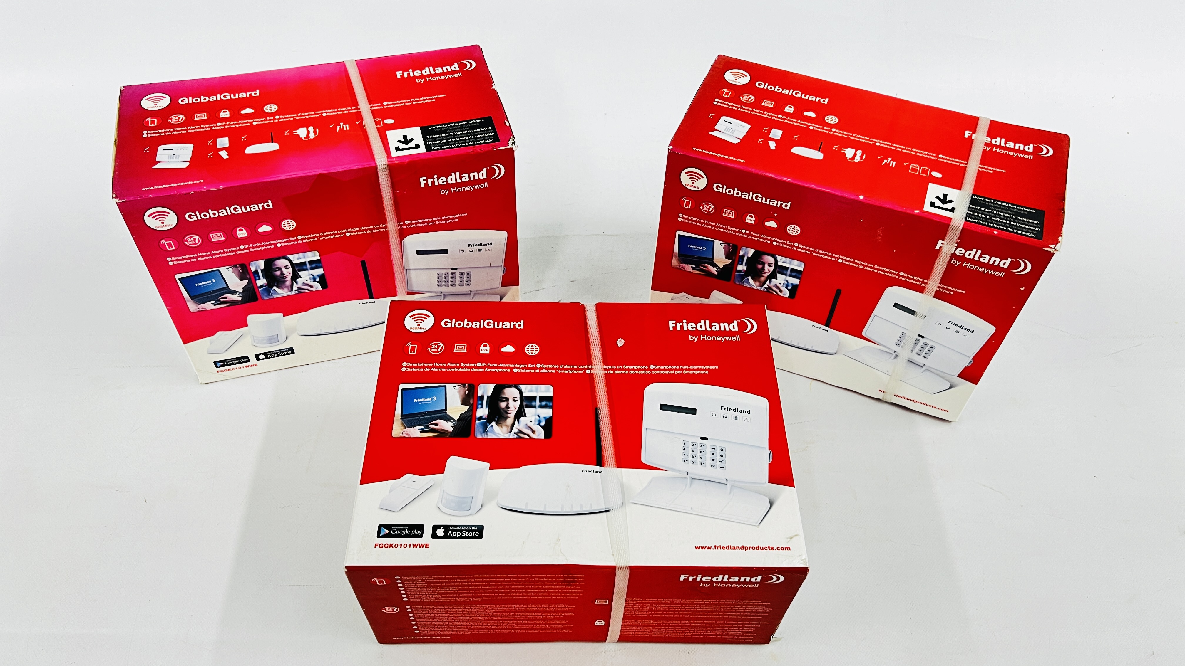 3 X HONEYWELL BOXED SMART HOME ALARM SYSTEMS - SOLD AS SEEN.