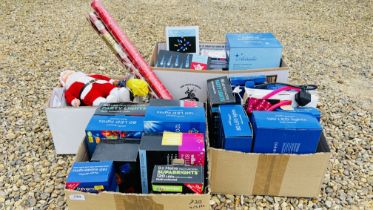 4 X BOXES CONTAINING A SELECTION OF BOXED CHRISTMAS LIGHTS, DECORATIONS ETC.