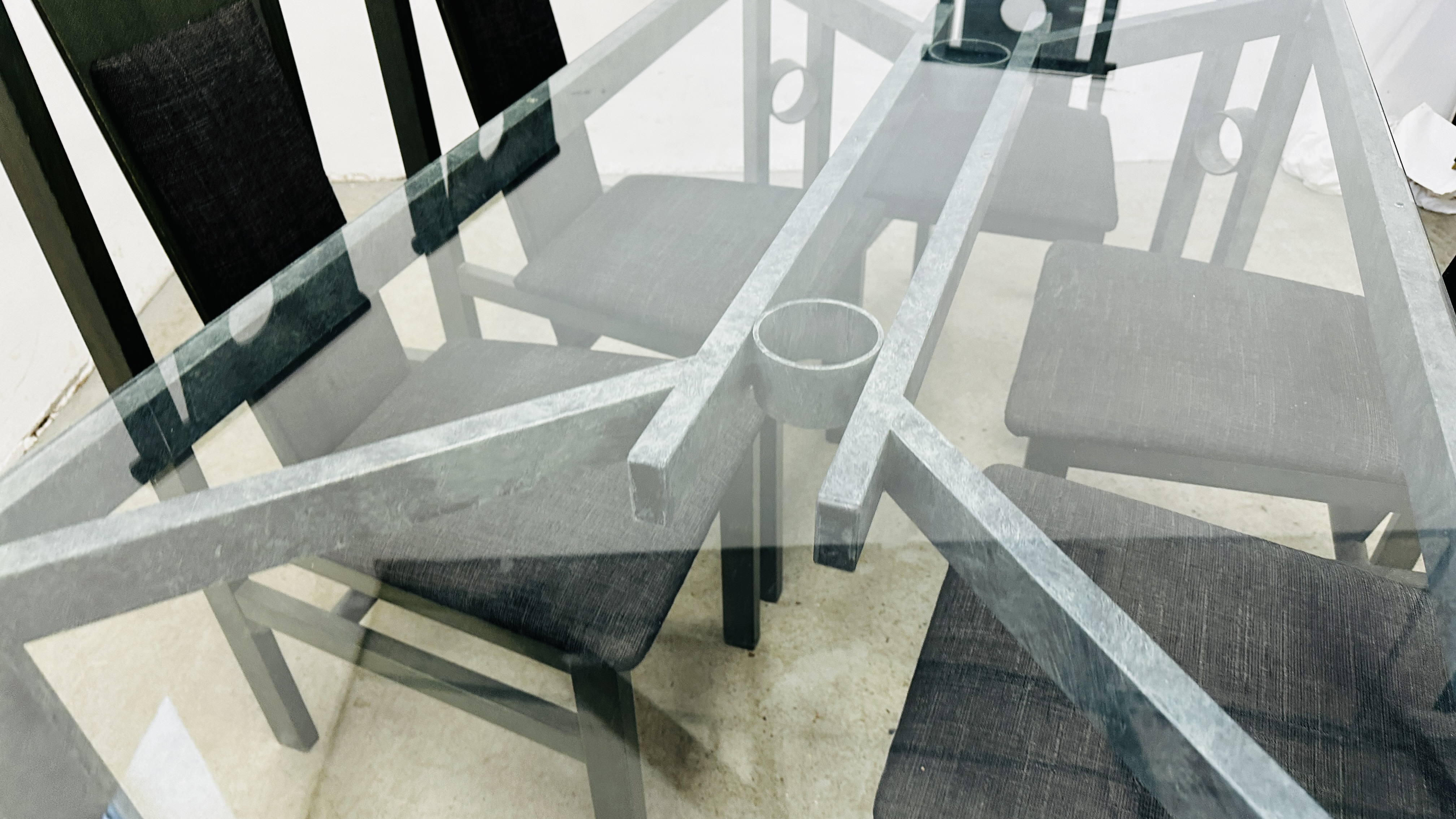 A DESIGNER MODERN METAL CRAFT DINING TABLE WITH GLASS TOP 155CM X 80CM ACCOMPANIED BY A SET OF SIX - Image 13 of 14