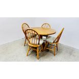 A CIRCULAR BEECH WOOD PEDESTAL KITCHEN TABLE AND FOUR CHAIRS (TABLE DIAMETER 106CM)