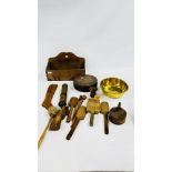 QTY ANTIQUE KITCHEN TREEN, FUNNEL, SOCK DRYER, BRUSHES, SPOONS, COFFEE GRINDER ETC., CANDLE BOX ETC.