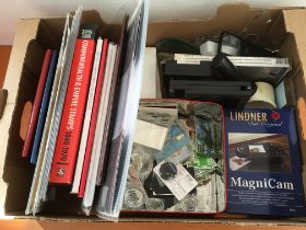 STAMPS: BOX WITH CATALOGUES, ACCESSORIES, MAGNIFIERS, LINDNER 'MAGNIAM' IN BOX,