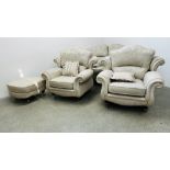 A GOOD QUALITY FOUR PIECE LOUNGE SUITE UPHOLSTERED IN GOLD/CREAM BROCADE FABRIC COMPRISING TWO