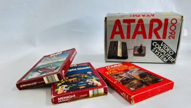 AN ORIGINAL "ATARI" 2600 VIDEO COMPUTER SYSTEM (NO POWER CABLE) IN ORIGINAL BOX + 3 "ATARI" VIDEO