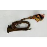 VINTAGE MILITARY COPPER + BRASS BUGLE WITH REGIMENTAL COLOURS.