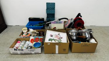 7 X BOXES ASSORTED HOUSEHOLD SUNDRIES TO INCLUDE KITCHEN PANS AND UTENSILS, BONE CHINA MUGS,