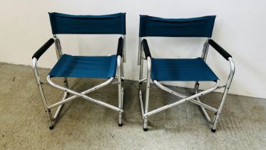 A PAIR OF ALUMINIUM FRAMED FOLDING DIRECTORS STYLE CHAIRS.