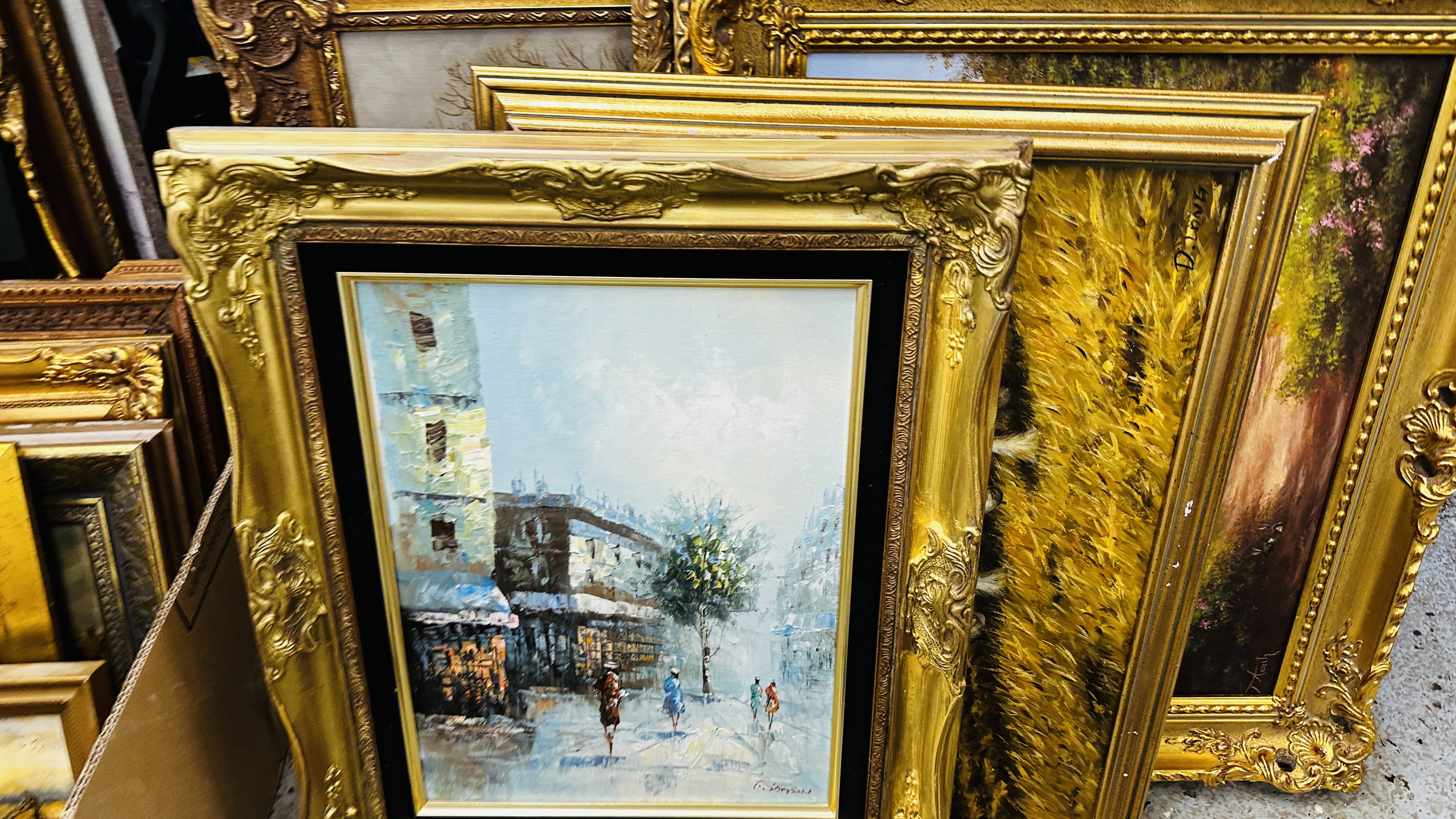 SIX LARGE GILT FRAMED OIL ON CANVAS SCENES TO INCLUDE HEAVY HORSES AT WORK BEARING SIGNATURE D. - Image 2 of 15