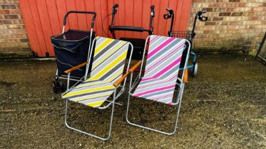 A PAIR OF FOLDING CHAIRS, THREE WHEEL FOLDING WALKING AID,