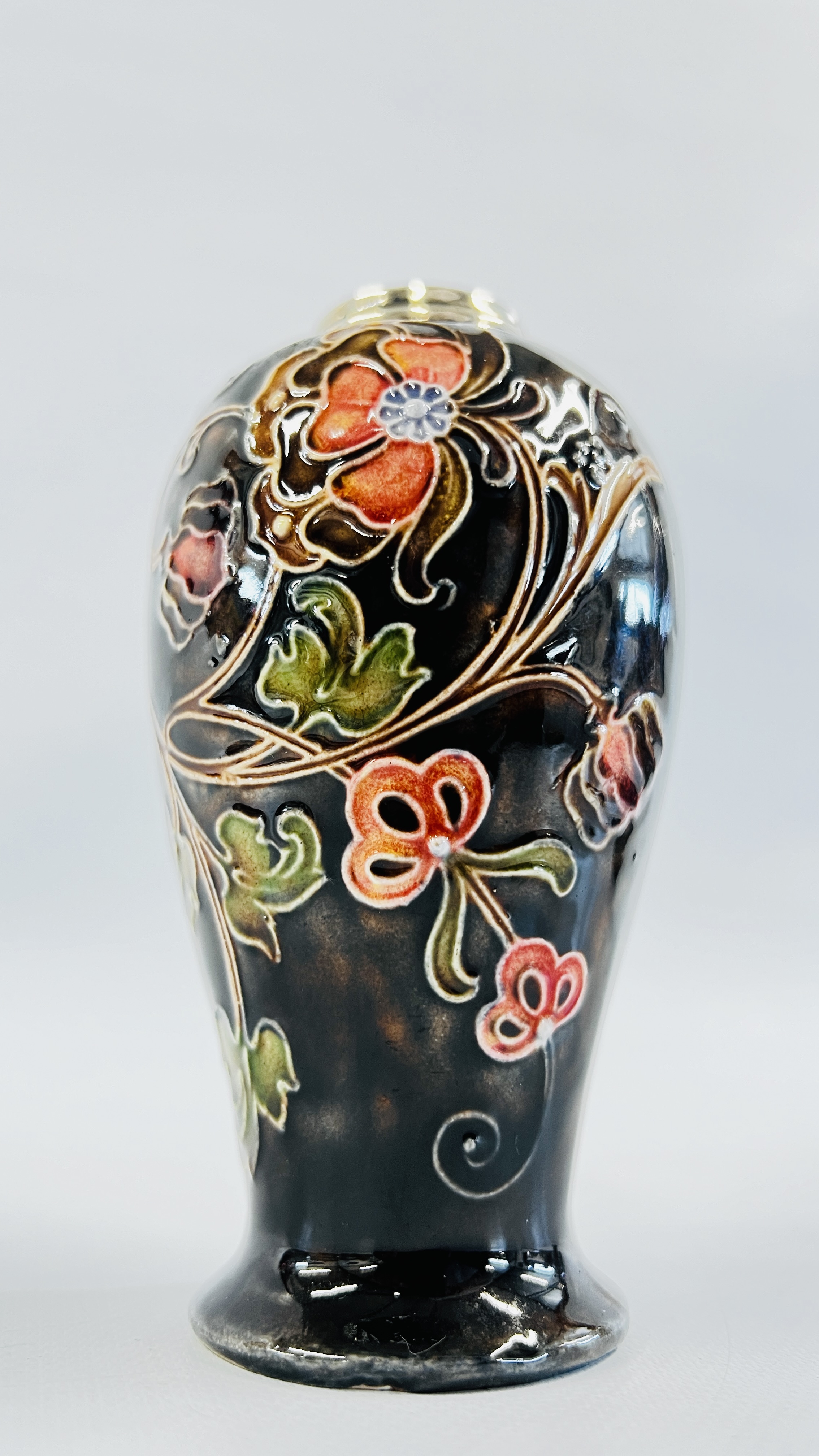 A PAIR OF VINTAGE SILVER RIMMED GLAZED VASES IN THE MOORCROFT STYLE, - Image 3 of 4