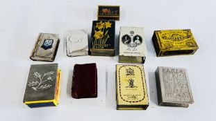 COLLECTION OF 10 ANTIQUE MATCH BOX HOLDERS AND VESTAS INCLUDING BRYANT AND MAY, BOOK DESIGN,